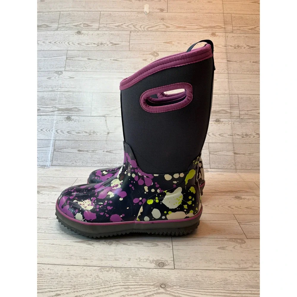 DSG Kids Size 2 Purple Paint Splatter Waterproof Rain Boots Pull On Outdoor